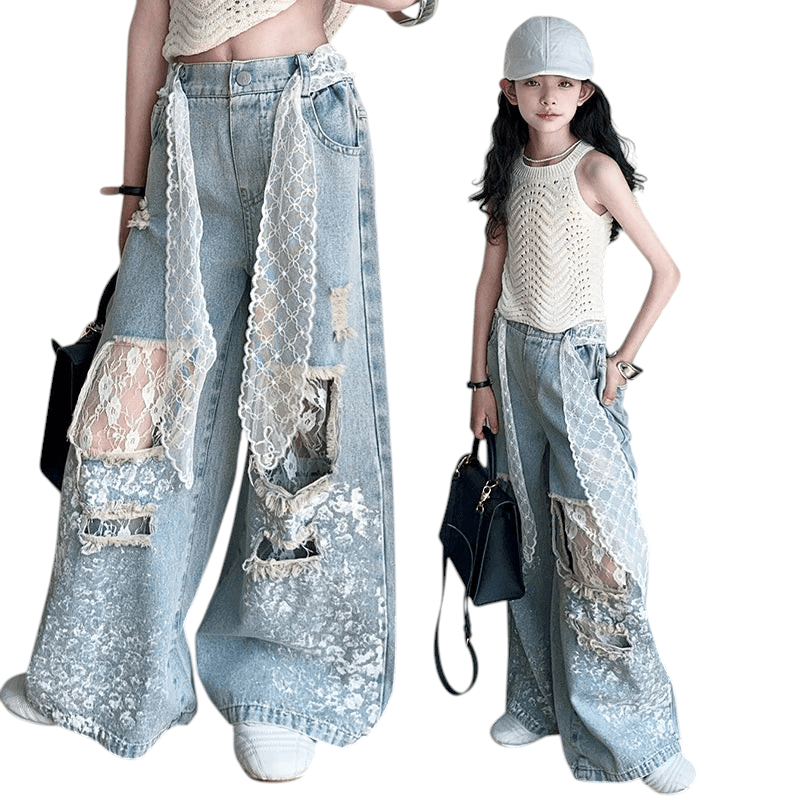 Kids Stylish Streetwear Girl Jeans Lace