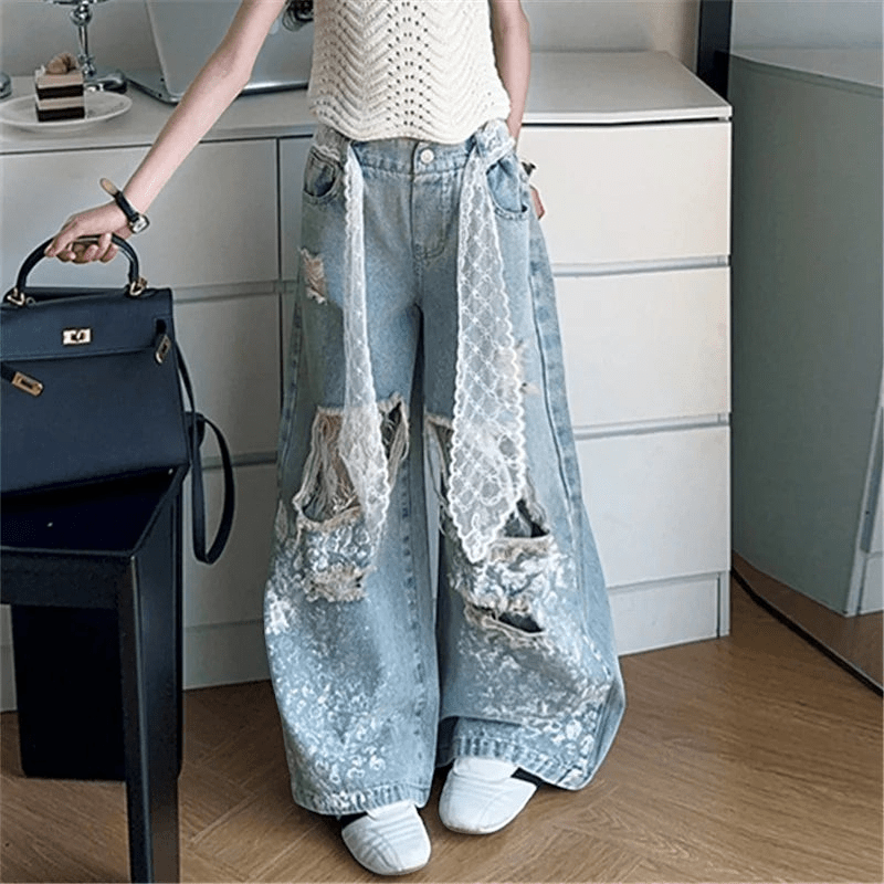 Kids Stylish Streetwear Girl Jeans Lace