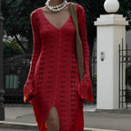 Knit Long Sleeve Dress Button Front Red