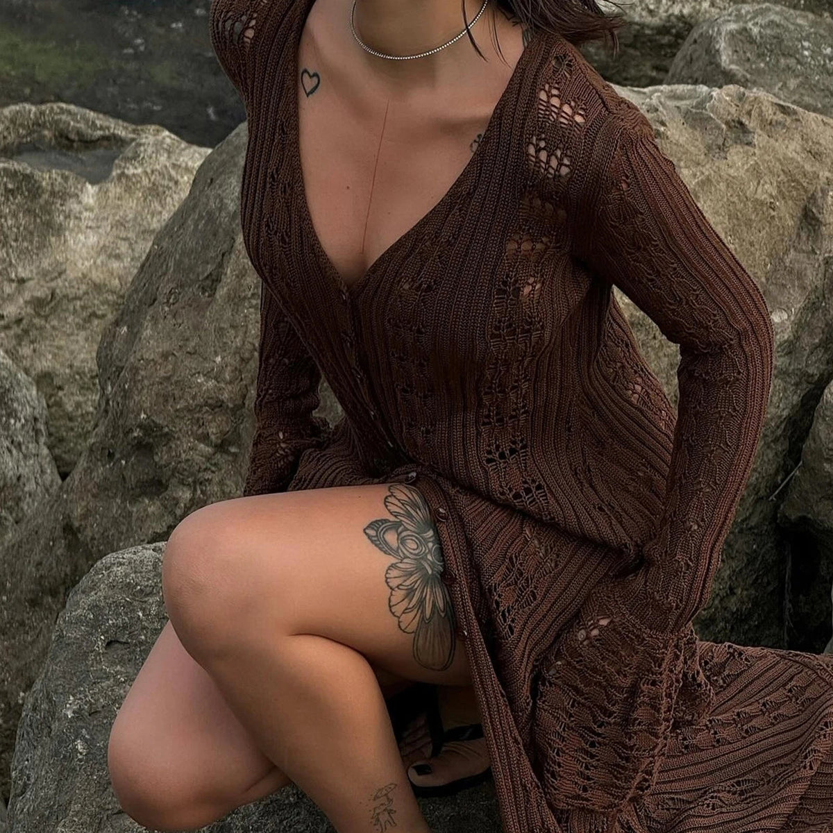 Knit Long Sleeve Dress Button Front Brown M