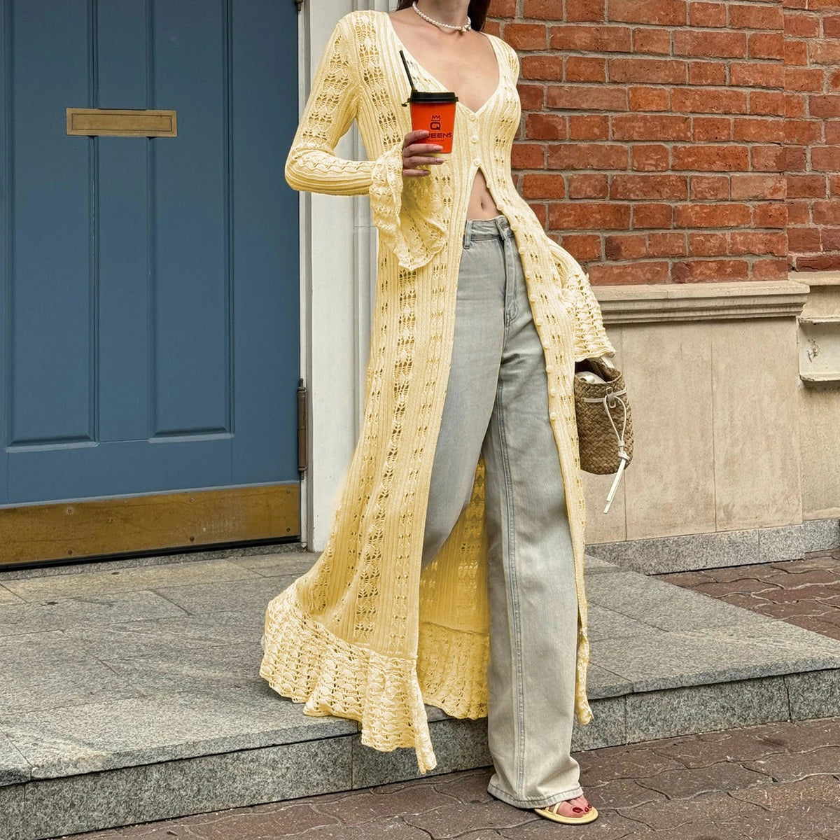 Knit Long Sleeve Dress Button Front YELLOW L