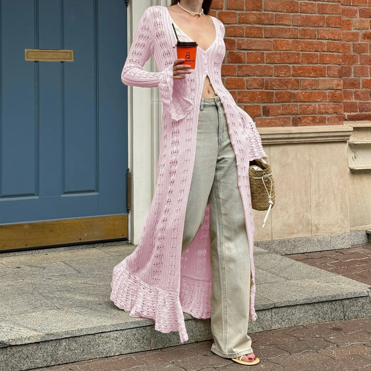 Knit Long Sleeve Dress Button Front Pink