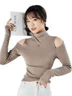 Mock Neck Cold Shoulder Long Sleeve Top Khaki