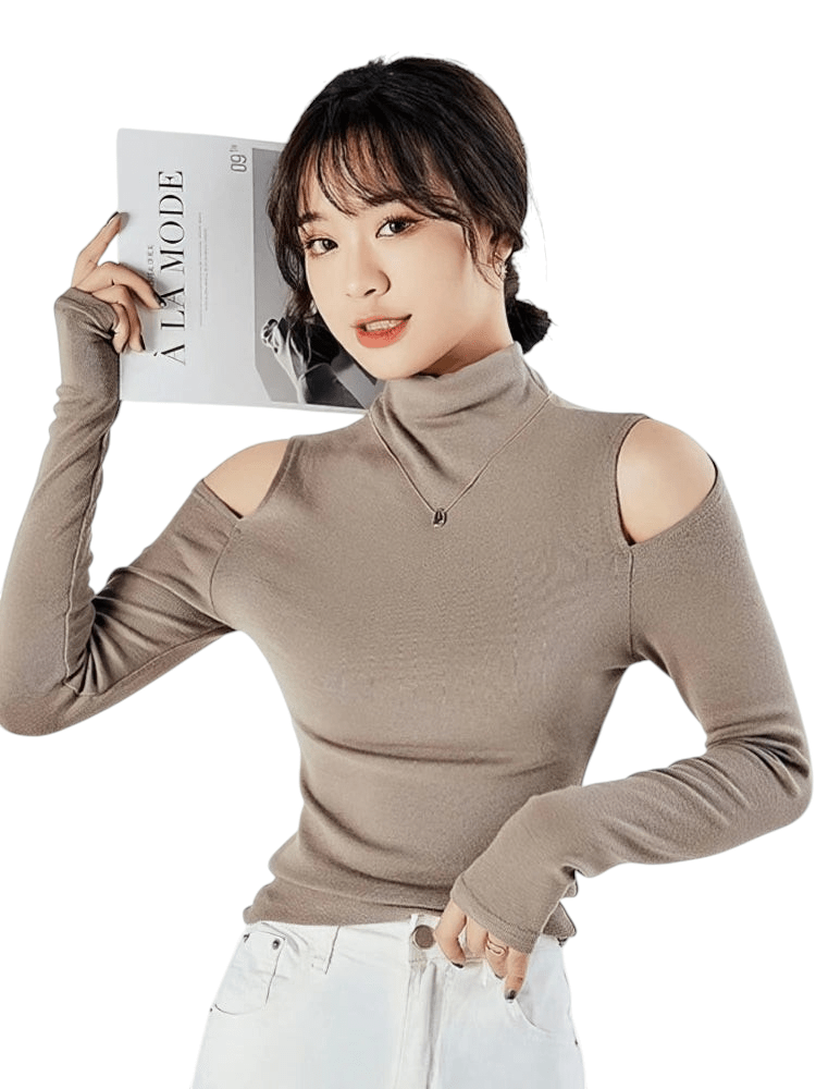 Mock Neck Cold Shoulder Long Sleeve Top Khaki