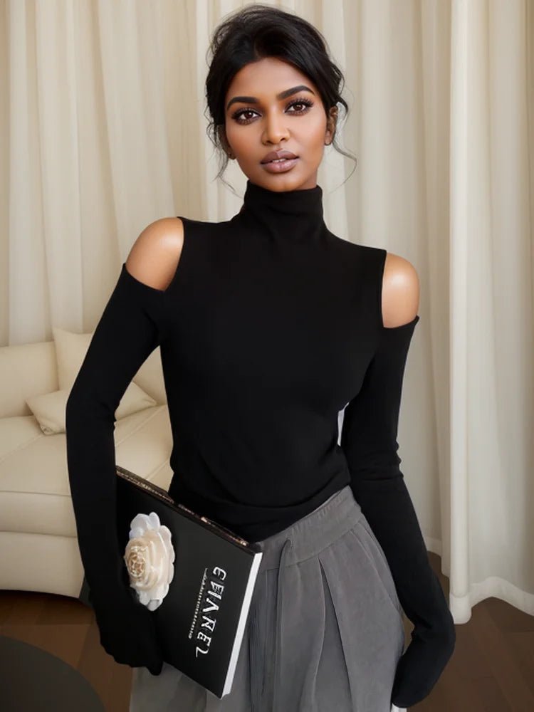 Mock Neck Cold Shoulder Long Sleeve Top black