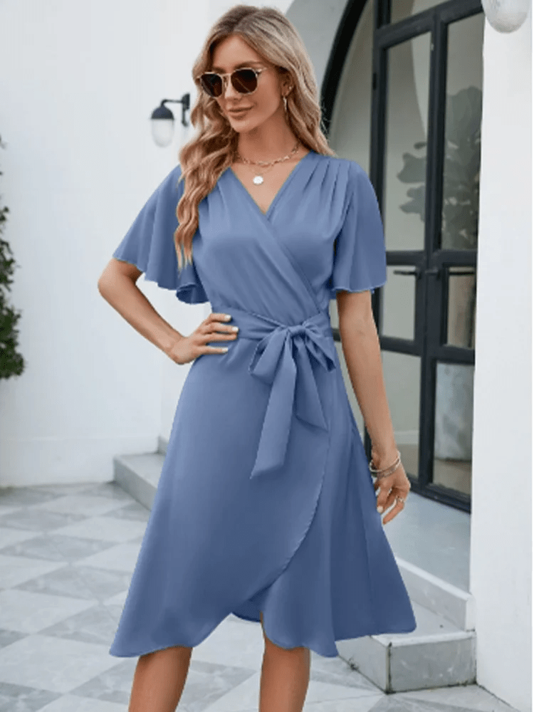 Neck Wrapv Wrap Dress Relaxed Fit Lace Blue