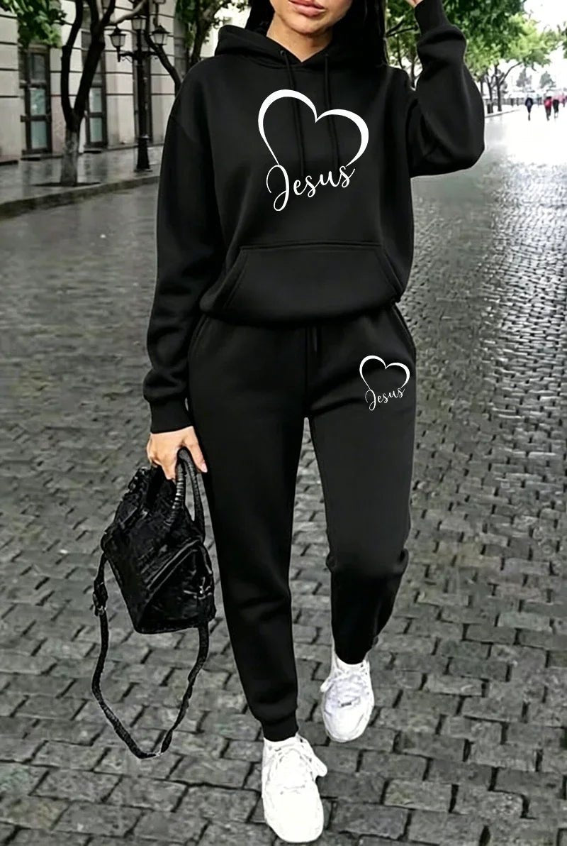 Outfits Hooded Sweatshirts Outdoors Pants Knit BlackSet