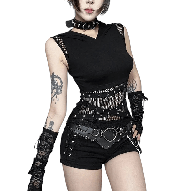 Punk Sleeveless Mesh Patchwork Top Lace Sleeveless