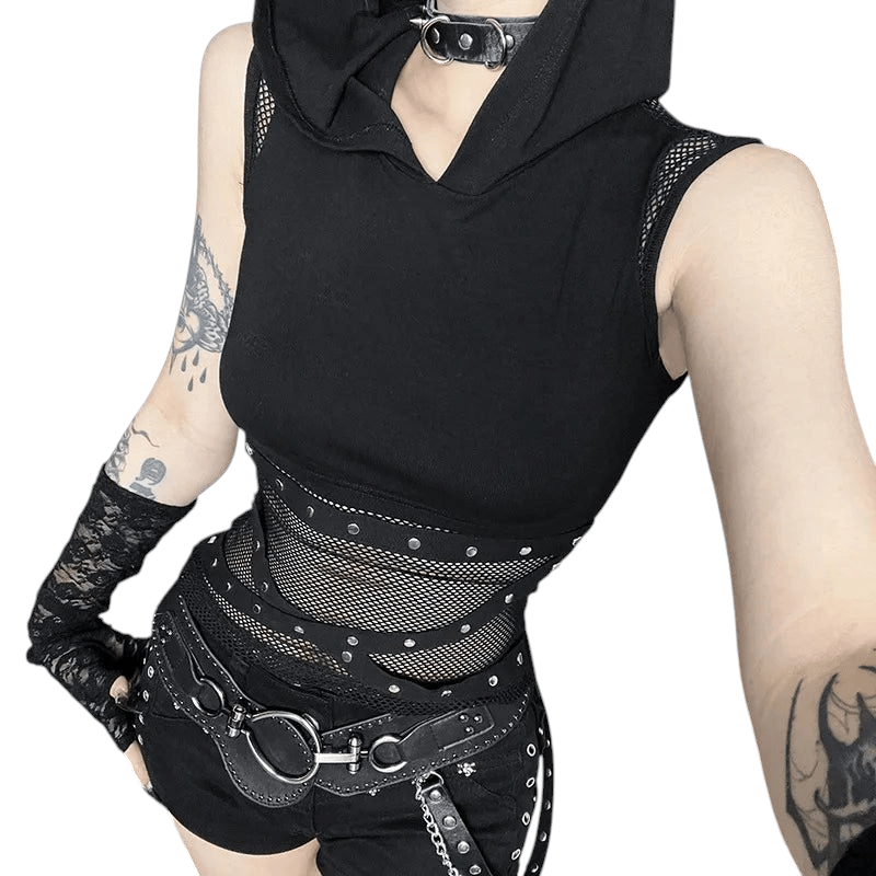Punk Sleeveless Mesh Patchwork Top Lace Sleeveless Black