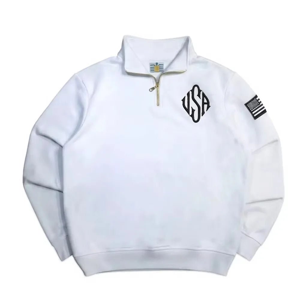 Quarter-Zip Sweatshirt with Flag Sleeve Detail USA white
