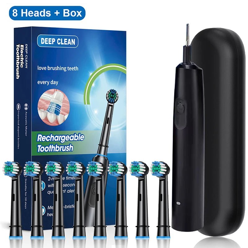 Rechargeable Rotating Electric Toothbrush for Adults Black 8 Heads Box