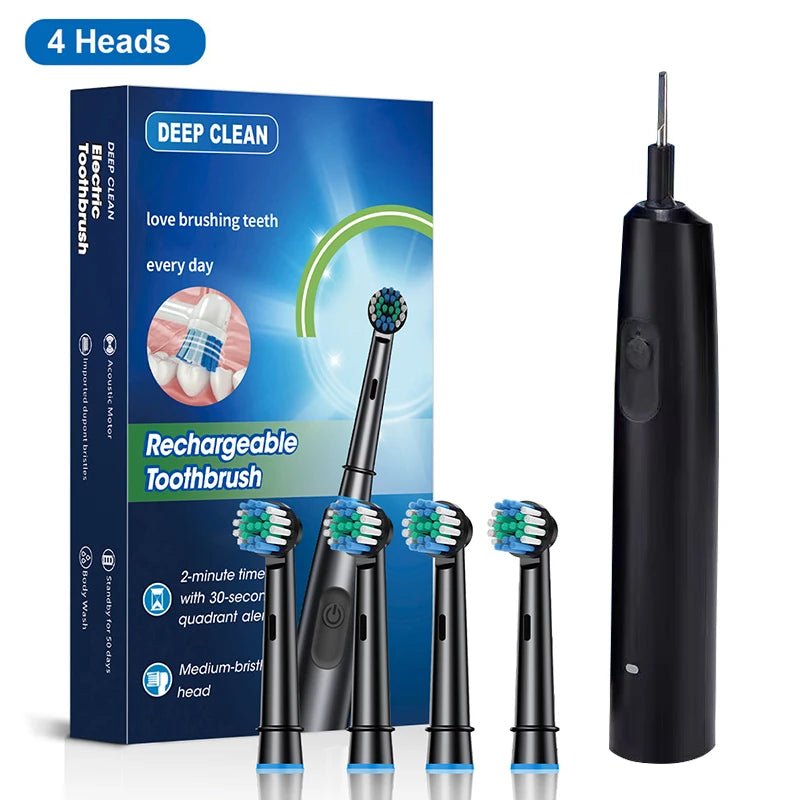 Rechargeable Rotating Electric Toothbrush for Adults Black 4 Heads