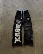 Relaxed Wide leg Embroidered Pants black