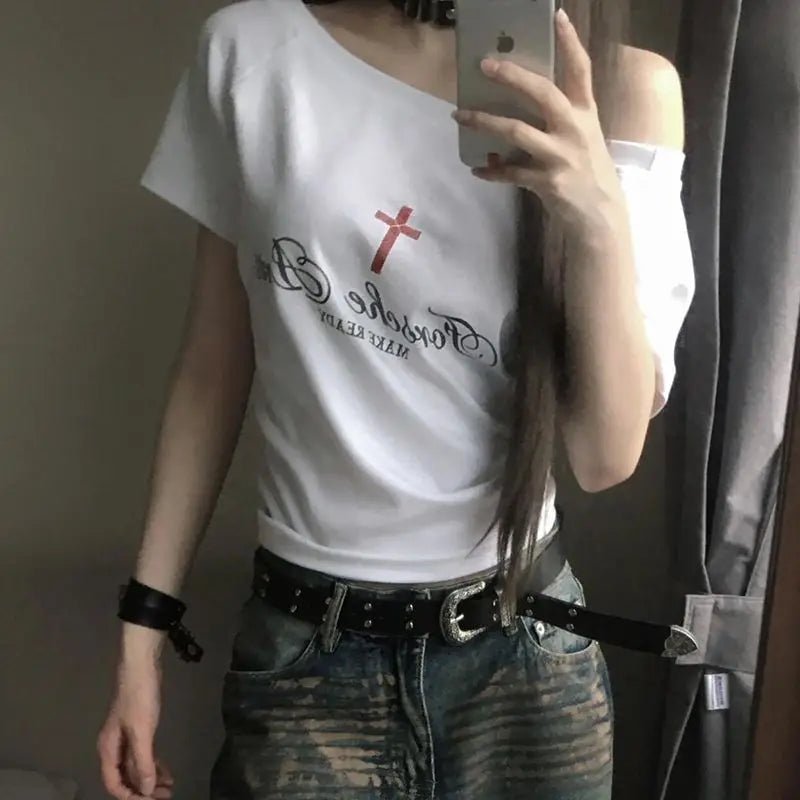 Seeslim Gothic Off T Shirt Off Shoulder Graphic