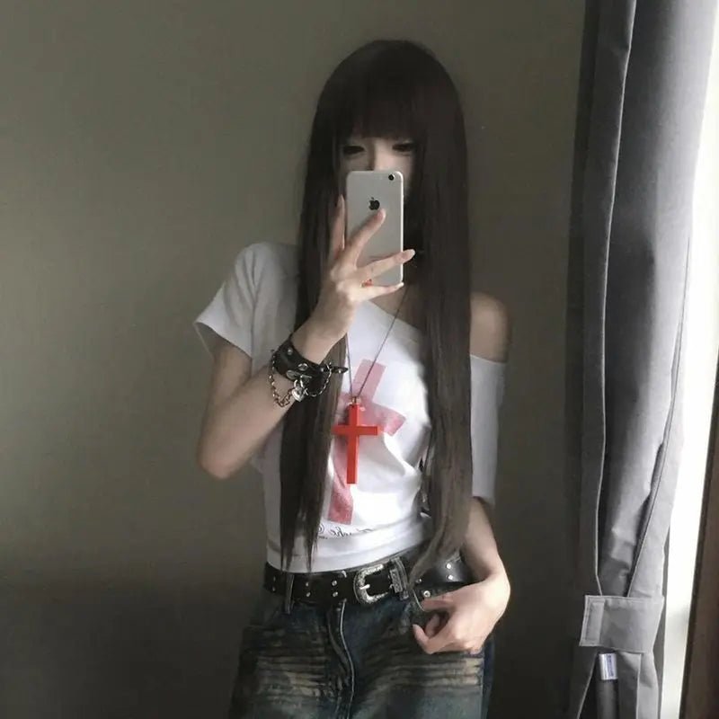 Seeslim Gothic Off T Shirt Off Shoulder Graphic