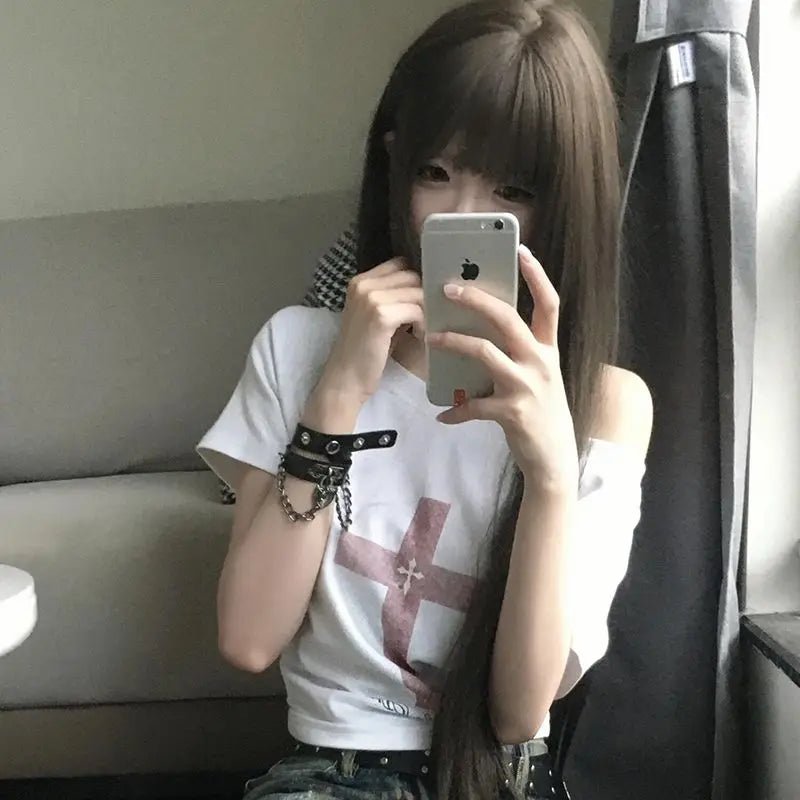 Seeslim Gothic Off T Shirt Off Shoulder Graphic