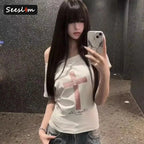 Seeslim Gothic Off T Shirt Off Shoulder Graphic