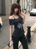 Seeslim Hotsweet Print T Shirt Graphic Short Sleeve GRAY