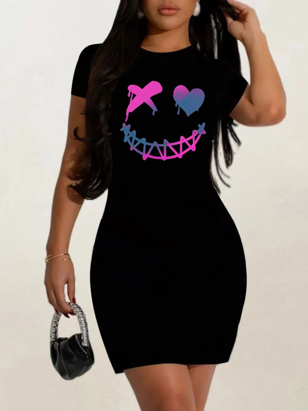 Short Sleeves Black Dress Relaxed Fit Graphic SKY BLUE