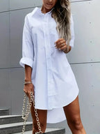 Solid Color Button Dress Button Front Long Sleeve WHITE