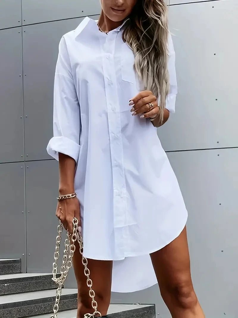 Solid Color Button Dress Button Front Long Sleeve WHITE