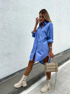 Solid Color Button Dress Button Front Long Sleeve Blue