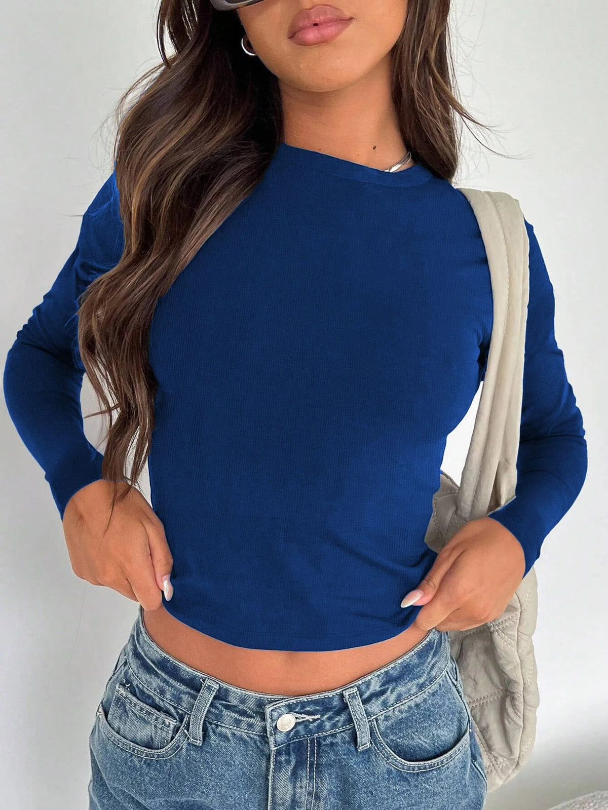 Solid Color Slim T Shirt Slim Fit Long Sleeve Blue