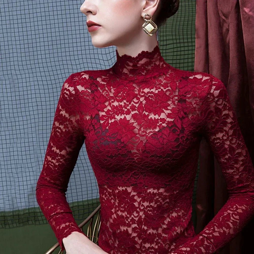 Stretch Flowers Lace T Shirt Turtleneck 479 Wine