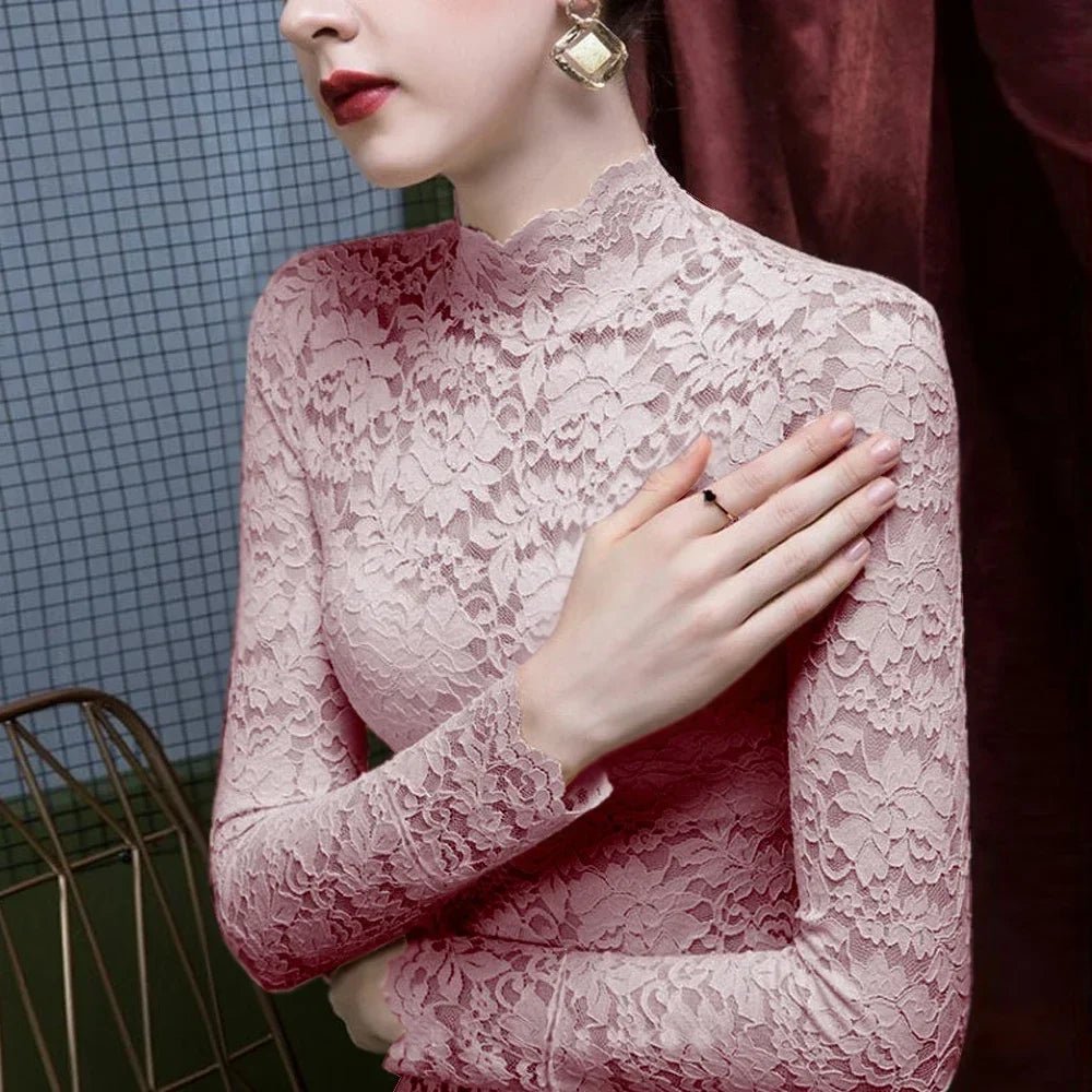 Stretch Flowers Lace T Shirt Turtleneck 479 Pink