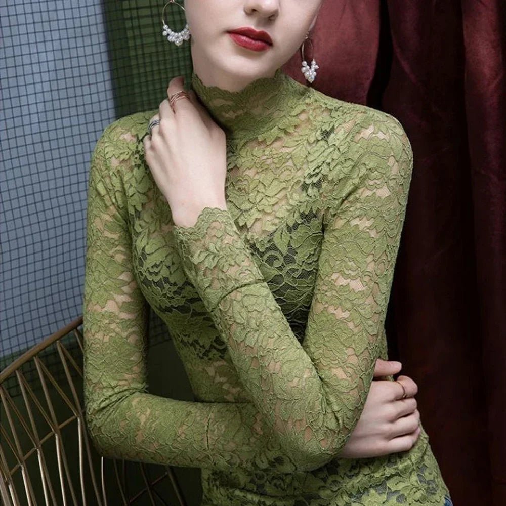 Stretch Flowers Lace T Shirt Turtleneck 479 Green