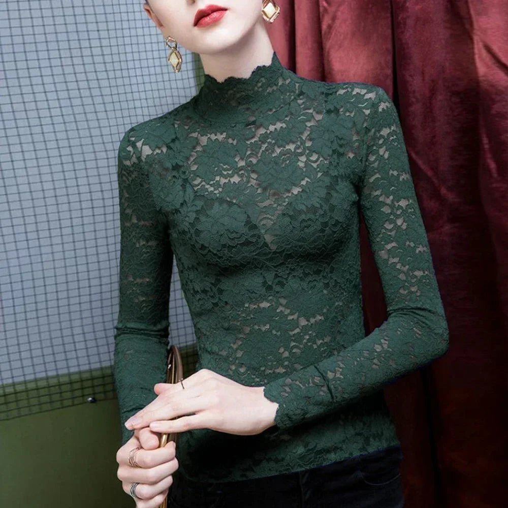 Stretch Flowers Lace T Shirt Turtleneck 479 Peacock