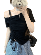 Sweet One Shoulder Drawstring T Shirt Off Shoulder Lace