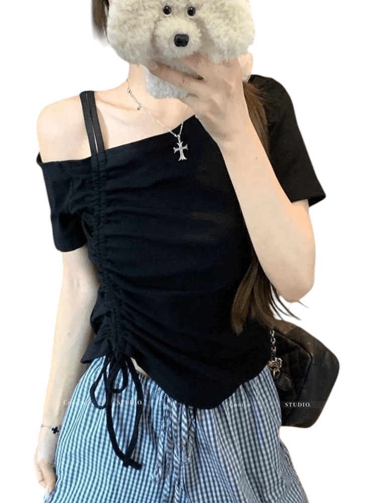 Sweet One Shoulder Drawstring T Shirt Off Shoulder Lace