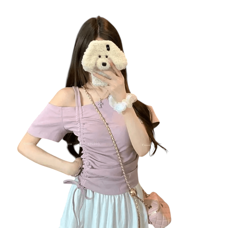 Sweet One Shoulder Drawstring T Shirt Off Shoulder Lace Pink