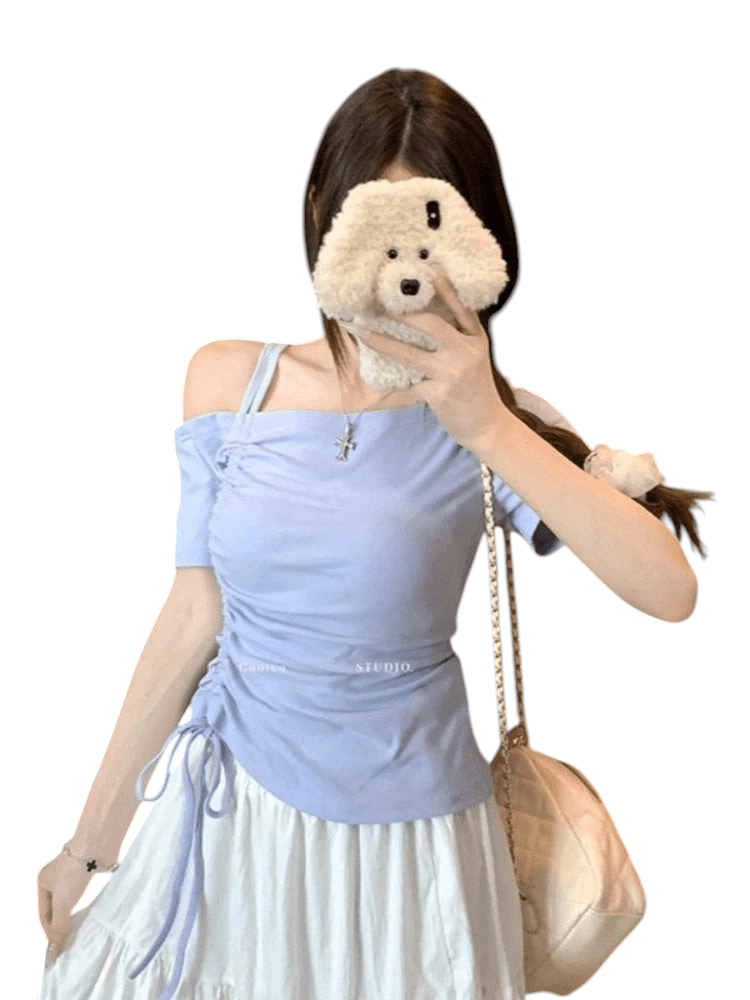 Sweet One Shoulder Drawstring T Shirt Off Shoulder Lace