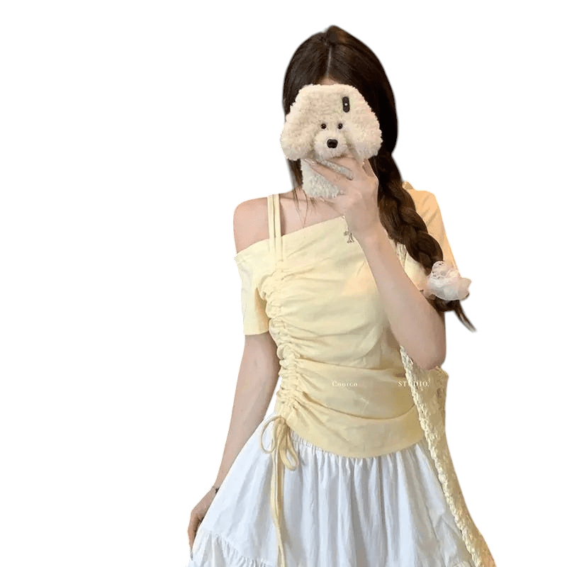 Sweet One Shoulder Drawstring T Shirt Off Shoulder Lace YELLOW