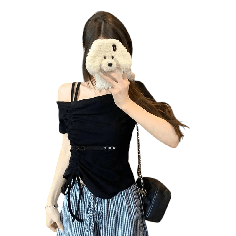 Sweet One Shoulder Drawstring T Shirt Off Shoulder Lace Black