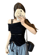 Sweet One Shoulder Drawstring T Shirt Off Shoulder Lace