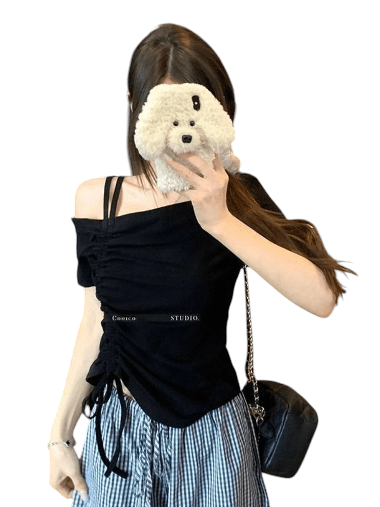 Sweet One Shoulder Drawstring T Shirt Off Shoulder Lace