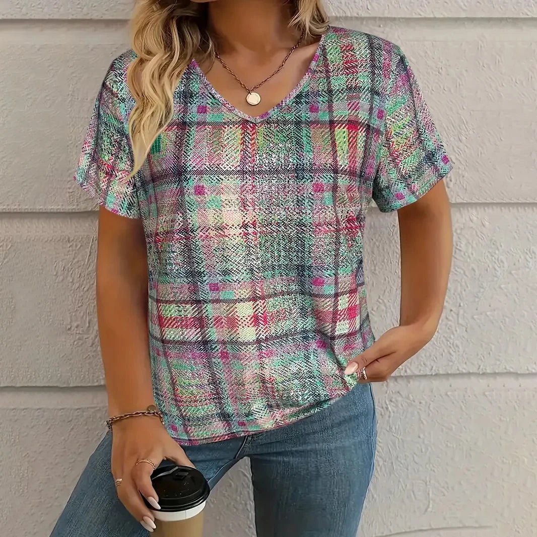 V neck Short Sleeve T Shirt Relaxed Fit VAZHF2025031QF