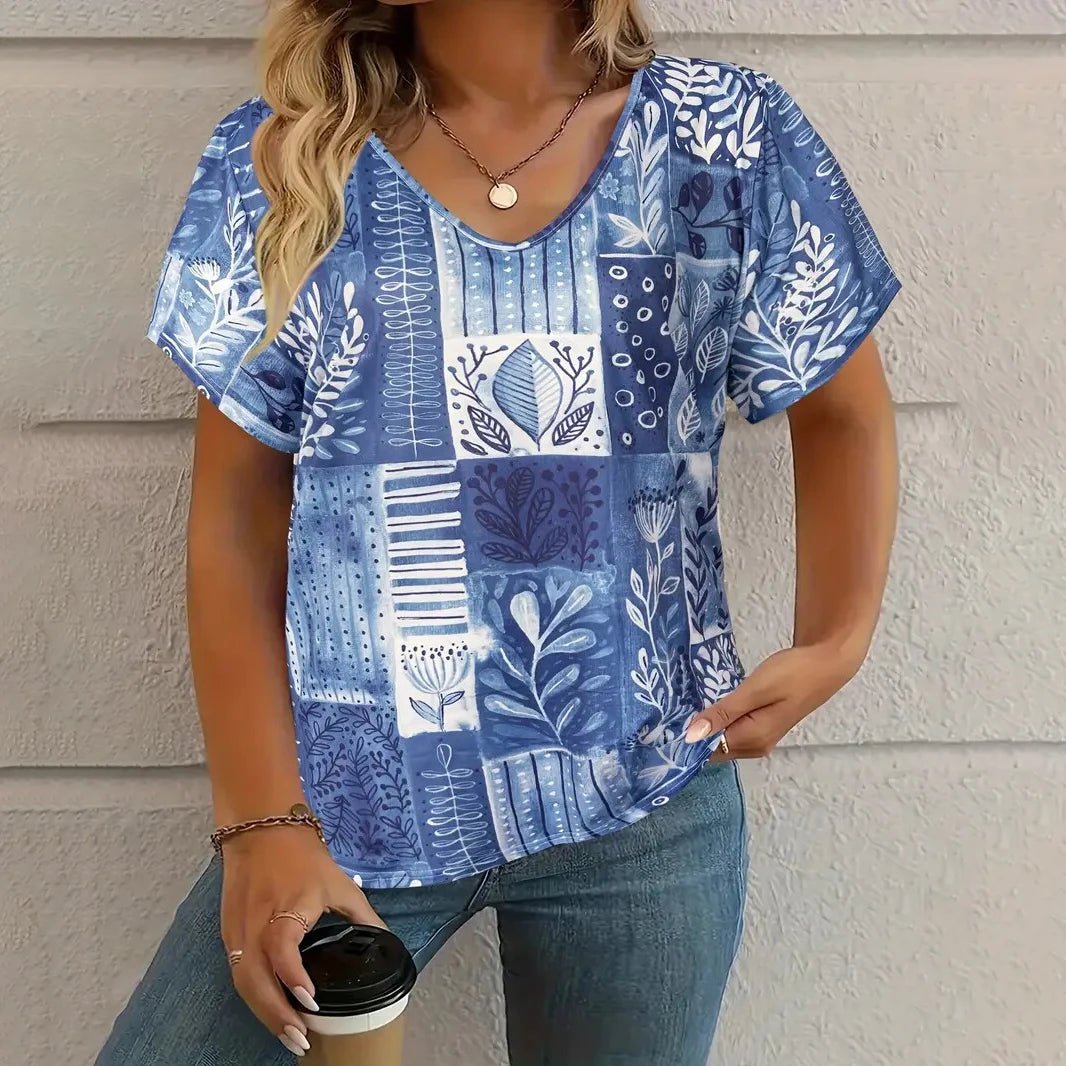V neck Short Sleeve T Shirt Relaxed Fit VAZHF2025031QC