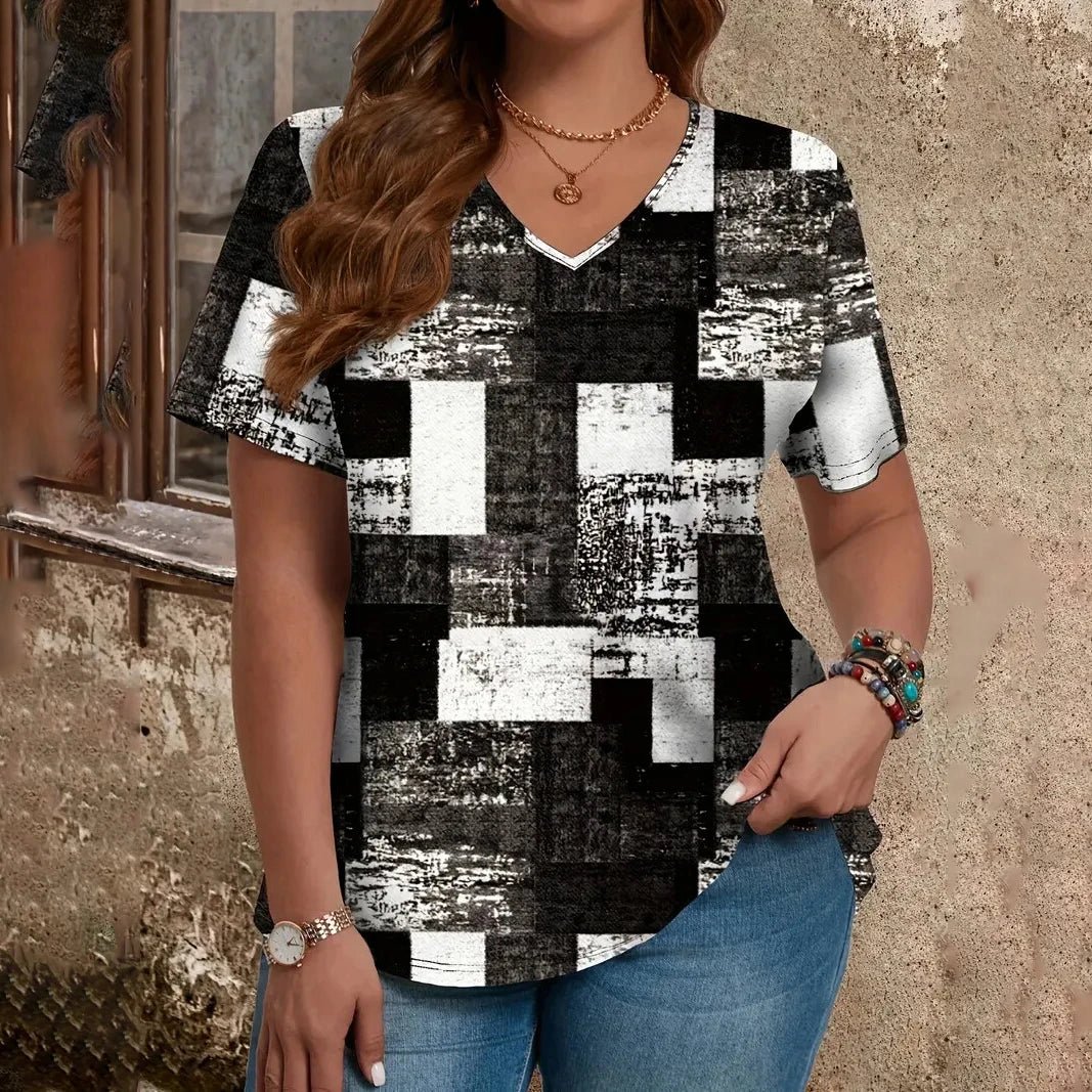 V neck Short Sleeve T Shirt Relaxed Fit VAZHF2025031QK