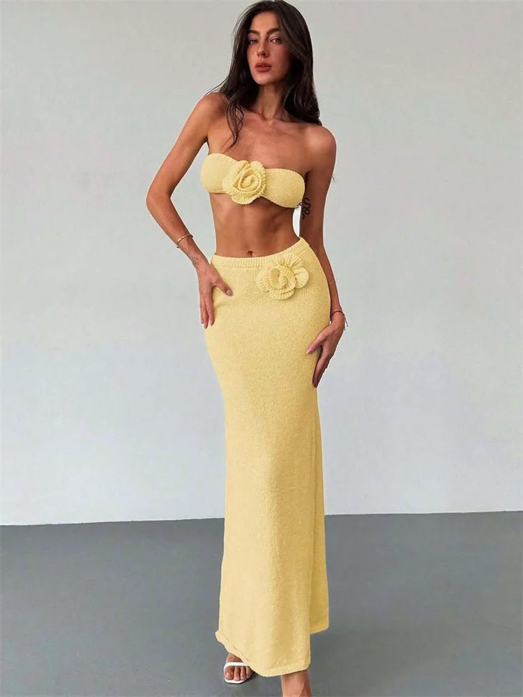 Women's Floral Knit Tube Top & Long Skirt Set YELLOW