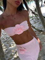 Women's Floral Knit Tube Top & Long Skirt Set Pink