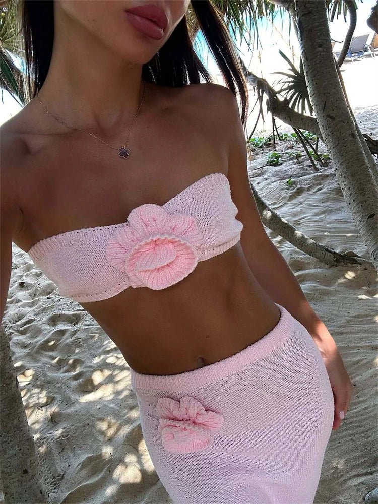 Women's Floral Knit Tube Top & Long Skirt Set Pink