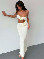 Women's Floral Knit Tube Top & Long Skirt Set WHITE