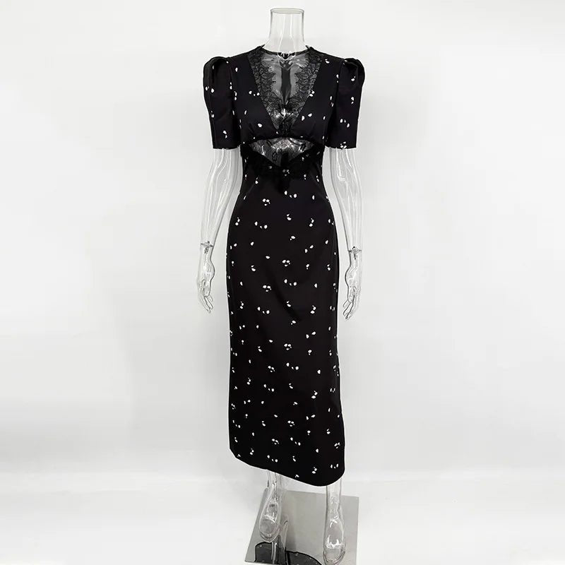 Women's Floral-Print Lace-Detail Midi Dress Black