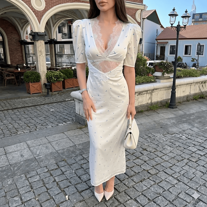 Women's Floral-Print Lace-Detail Midi Dress