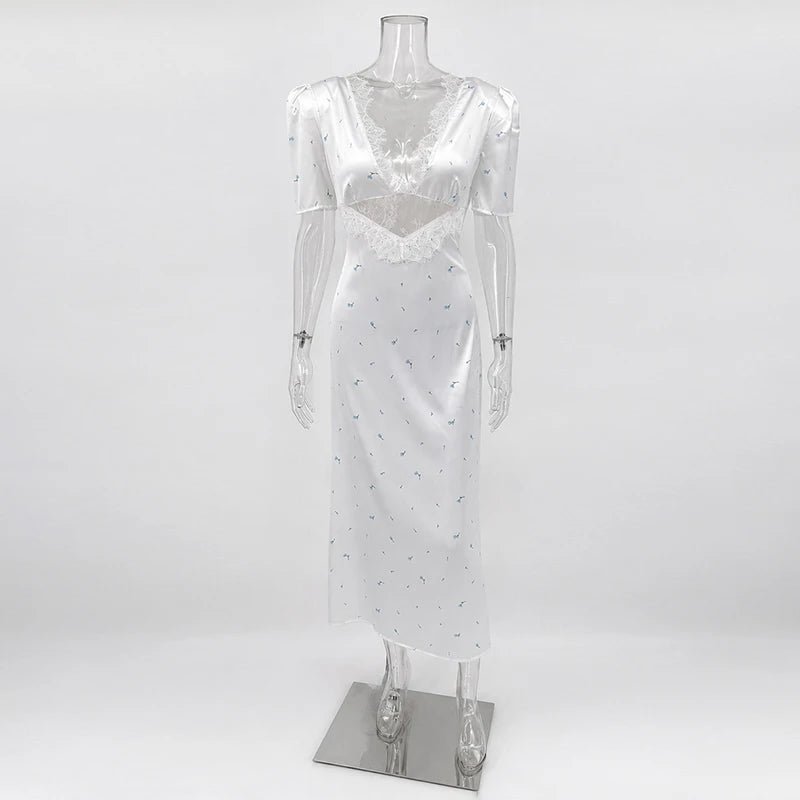 Women's Floral-Print Lace-Detail Midi Dress White