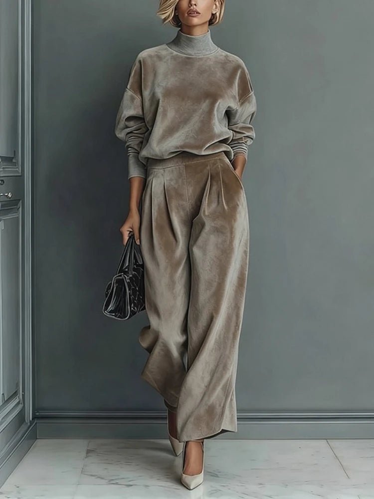 Women's High-Neck Top & Pleated Wide-Leg Pants Set Khaki
